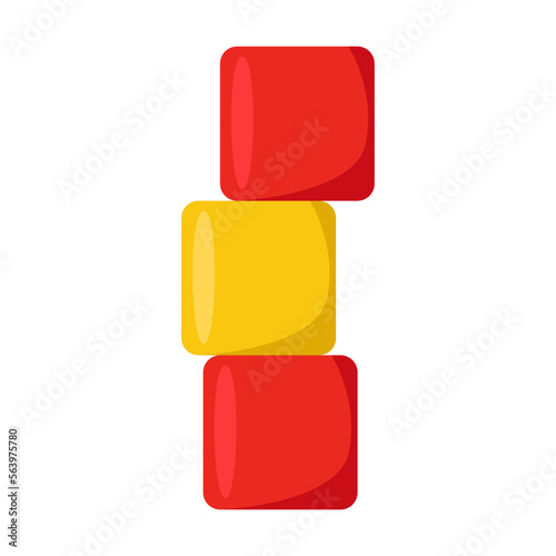 Stack of red and yellow toy cubes for infants vector illustration. Geometric toy from wood for babies in kindergarten and block sorters on white background. Education concept