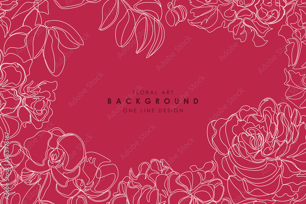 Beautiful floral vector hand drawn bright background. One line art design. Elegant red print with drawing contour flowers. Vintage abstract cover, banner, card, template. brochure, placard ant etc.