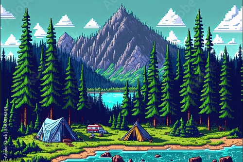 Pixel art camping with tents and bonfires  camping in the forest with river and mountains  landscape in retro style for 8 bit game  Generative AI