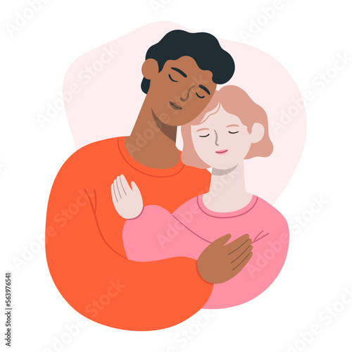 Hugging couple in love. Concept art for valentine's day. Vector flat illustration.