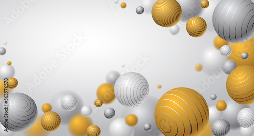 Realistic lined spheres vector illustration with blank copy space, abstract background with beautiful balls with lines and depth of field effect, 3D globes design concept art.