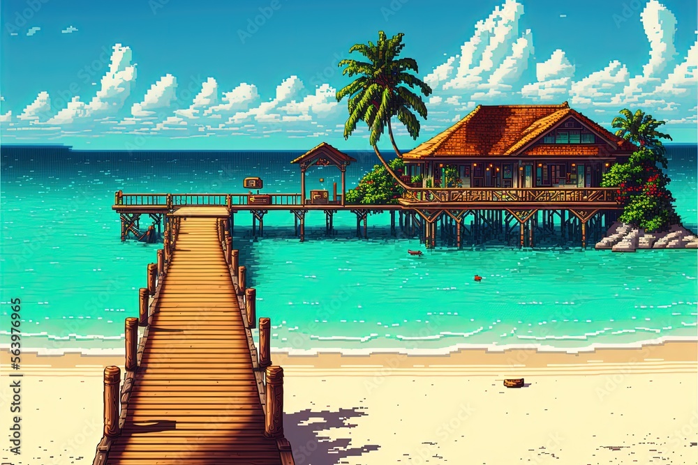 Pixel art bungalow on paradise island beach, tropical resort, landscape in retro style for 8 bit game, Generative AI