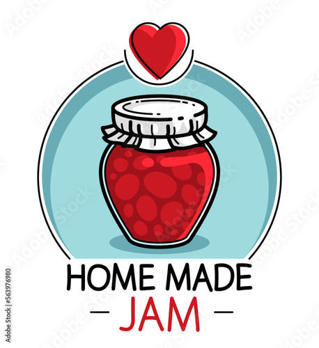 Jar of jam isolated on white vector emblem or illustration in cartoon style, delicious and healthy natural food homemade marmalade.