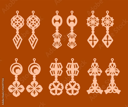 A collection of Earrings templates with geometric and abstract shapes. Isolated stencils pattern suitable for handmade work, laser cutting and printing. Jewelry Template.