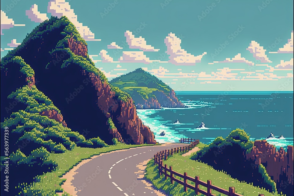 Pixel art highway on hillside near sea, road on the coast, landscape in ...