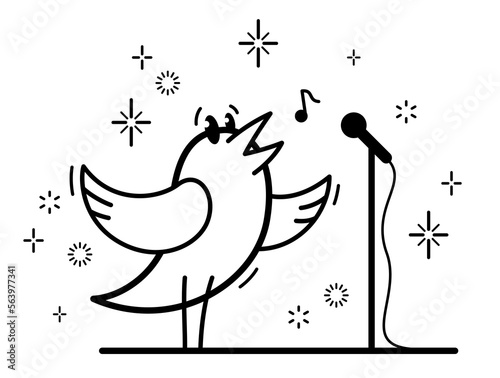 Little cute bird standing and singing birdsong like a pop star idol on a stage funny cartoon flat vector illustration isolated on white.