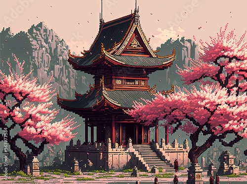 Pixel art Chinese temple and cherry trees in the mountains  landscape in retro style for 8 bit game  Generative AI 