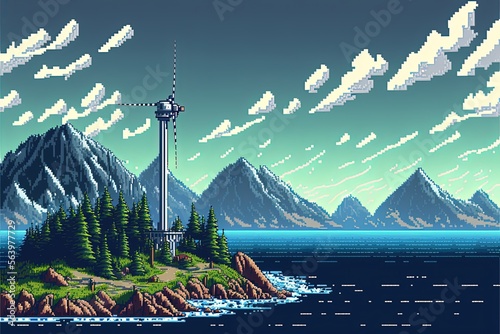 Pixel art wind farm generator on mountain near sea, landscape in retro style for 8 bit game, Generative AI
