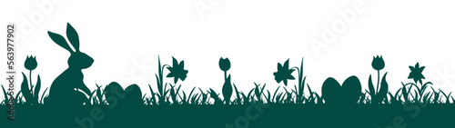 Happy Easter banner panorama holiday greeting card illustration painting vector - Green silhouette of easter symbols  easter bunny  easter eggs and daffodils meadow isolated on white background