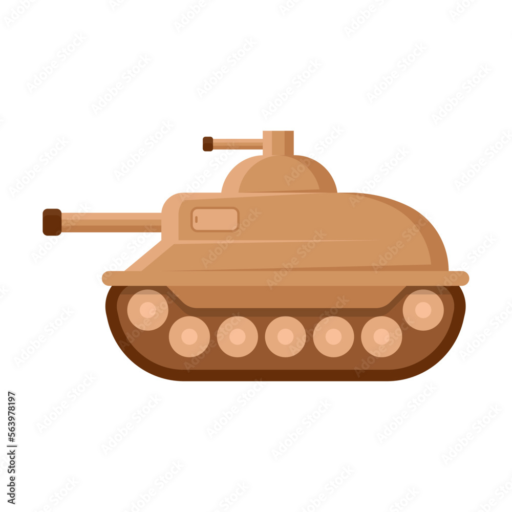 Military tank with additional weapons on top in cartoon style. Combat Artillery vehicle on caterpillars armed with large caliber weapons and heavy shells. War, battle concept