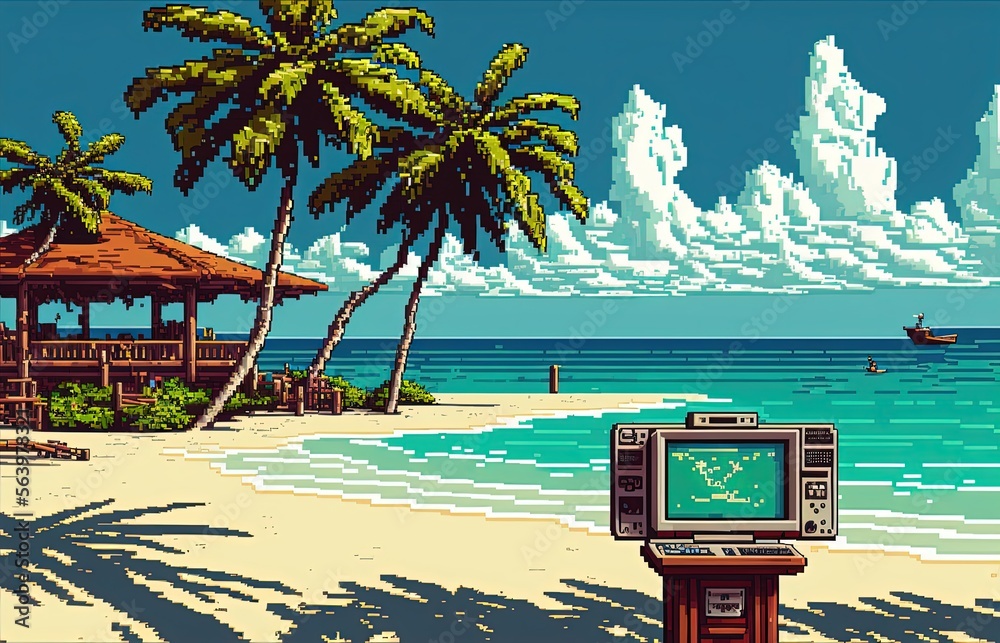 Pixel art paradise island resort, beach bungalow, landscape in retro