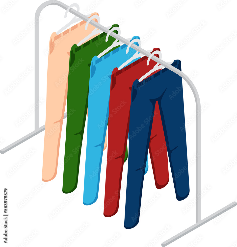 Fashion clothes set.Garment for men and women. Different apparel collection.Pants on rack in shop stores,Demin,red,blue,green,Flat graphic vector isometric. Fashion clothes set.Garment for men and women. Different apparel collection.Pants on rack in shop stores,Demin,red,blue,green,Flat graphic vector isometric.