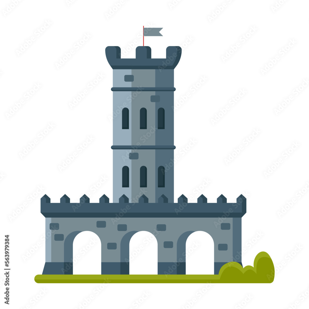 Medieval tower illustration. Castle with gates, old historic fort with flag, fairy tale building, element for computer game. Fantasy, ancient architecture concept