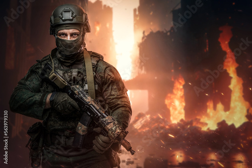Art of warfare in destroyed city and soldier dressed in camouflage uniform holding rifle.