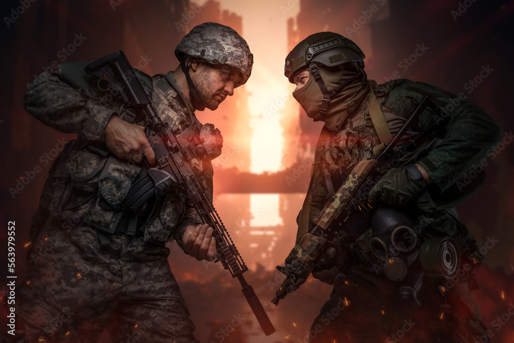 Art of two angry soldier and their combat looking each other in destroyed city. Art of two angry soldier and their combat looking each other in destroyed city.