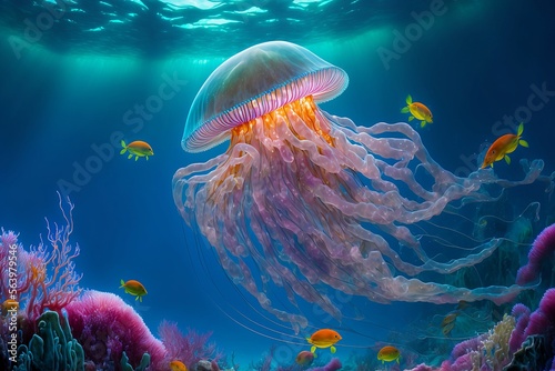 A translucent jellyfish gently pulsates in the depths of a crystal clear ocean, its long, flowing tentacles reaching out as it gracefully floats among the colorful coral and schools of fish
