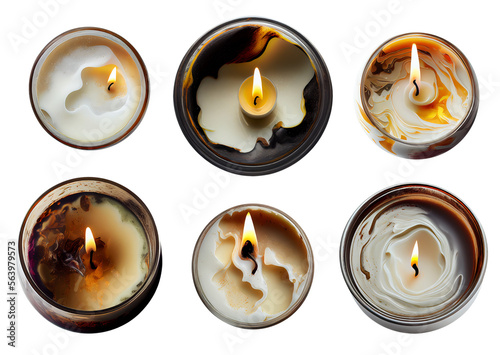Obraz na płótnie Top view of six burning candles on transparent PNG background. Created with Generative AI technology. w salonie