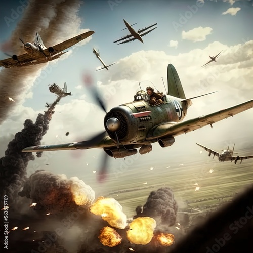 World War 2 aerial battle. Action scene. Made with Generative AI.
