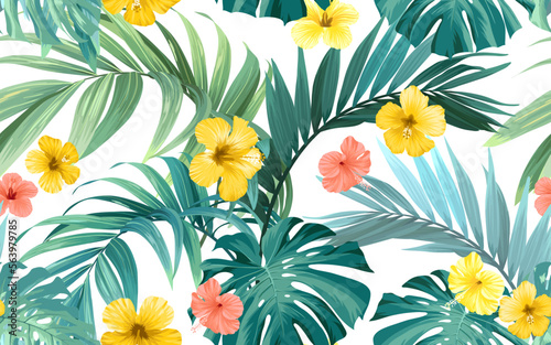 Tropical pattern with green monstera leaves and hibiscus flowers. Summer vector background or textile illustration.