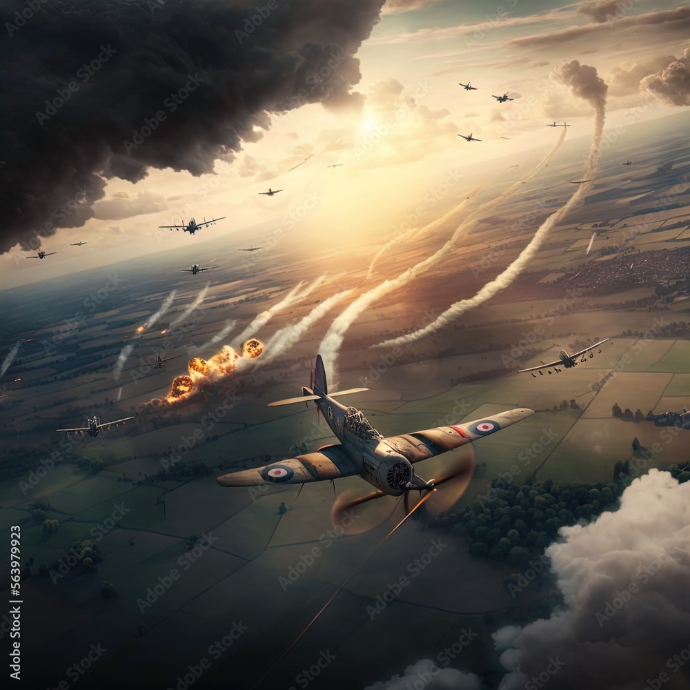 Naklejka premium World War 2 aerial battle. Action scene. Made with Generative AI.