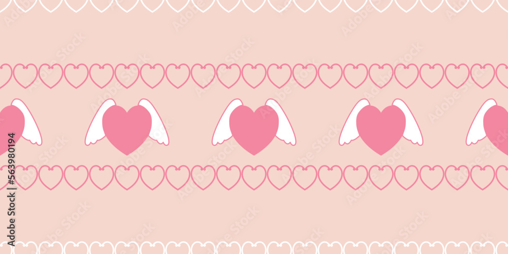 ิBeautiful pattern pink. Heart with a wings cartoon illustration. heart fly with angel wings in doodle style. cute heart for decorating the wedding card for valentine's day and love concept.