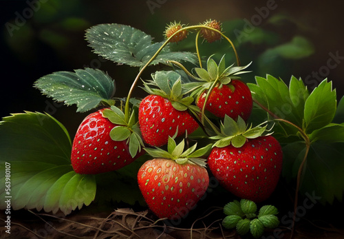Ripe strawberries on a plant.
