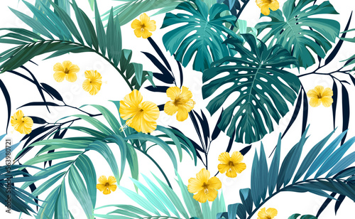 Tropical pattern with green monstera leaves and hibiscus flowers. Summer vector background or textile illustration.