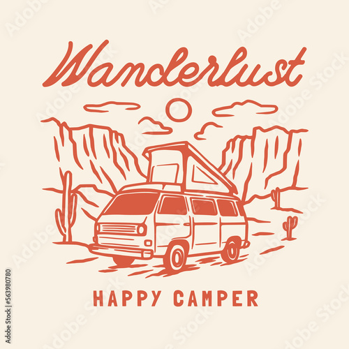 Campervan outdoor adventure hand drawn line adventure illustration Logo Badge
