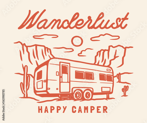 Campervan outdoor adventure hand drawn line adventure illustration Logo Badge
