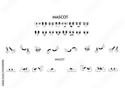 vector retro mascot cartoon characters, face and body parts in different positions, hands in gloves, happy and scary expressions 