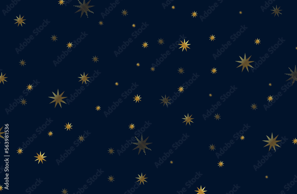 Gold stars on dark blue background. Gold stars on night sky. 