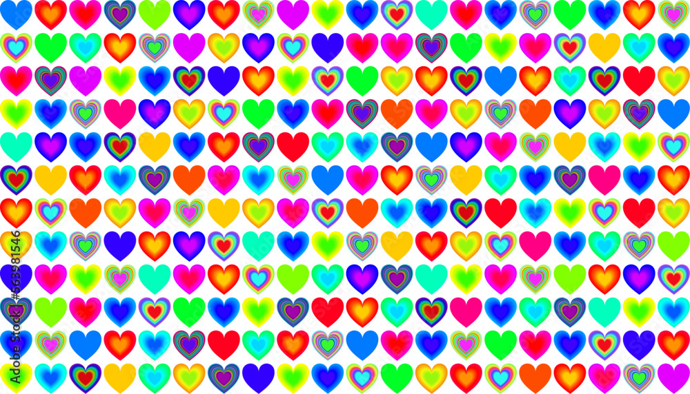 Repeatable heart background with randomly arranged colorful hearts.