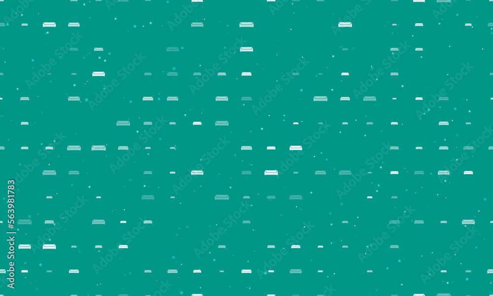 Seamless background pattern of evenly spaced white sofa symbols of different sizes and opacity. Vector illustration on teal background with stars Seamless background pattern of evenly spaced white sofa symbols of different sizes and opacity. Vector illustration on teal background with stars