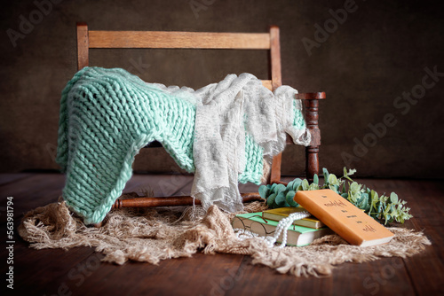 Newborn photography digital background with dark vintage wood, bench, books and green colors