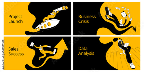 A businessman with a telescope flies on a rocket, falls off the arrow, runs merrily and sits thoughtfully on an office chair. A set of horizontal banner templates in the business theme.