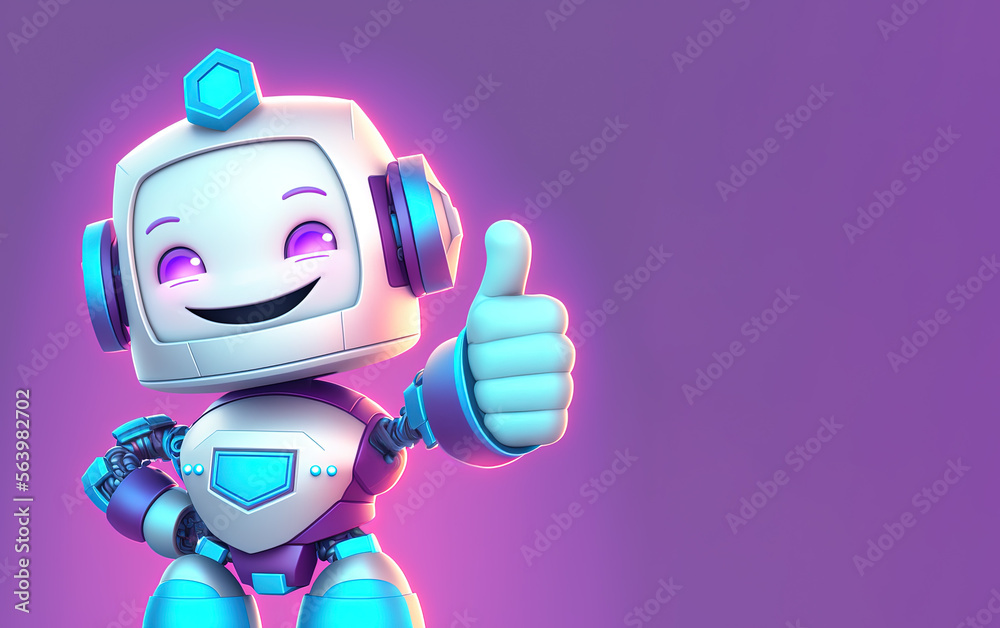 Happy robot standing with thumbs up sign smiling, generative AI illustration with copy space Happy robot standing with thumbs up sign smiling, generative AI illustration with copy space