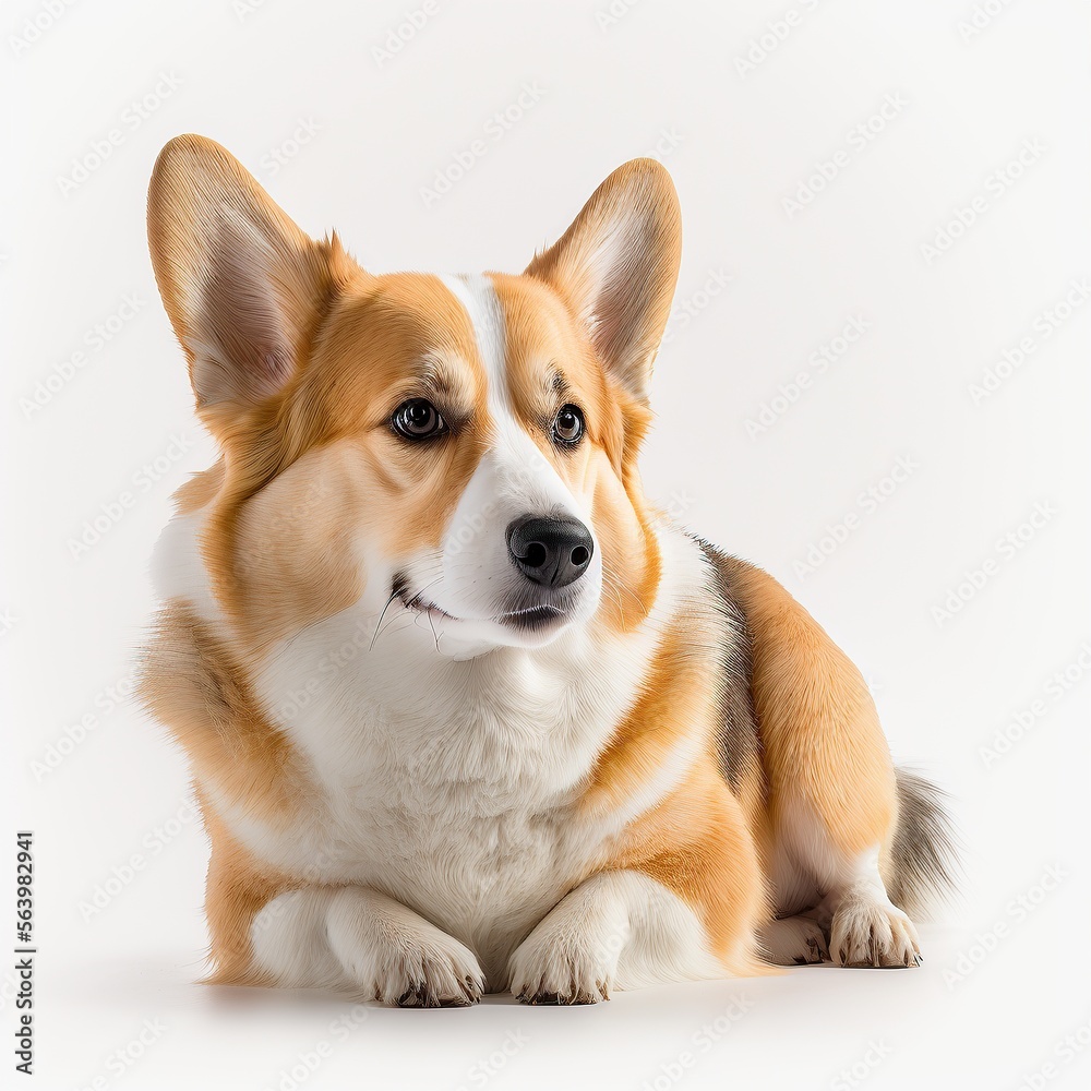 A beautiful and cute corgi sitting on the floor with white background, Generative AI