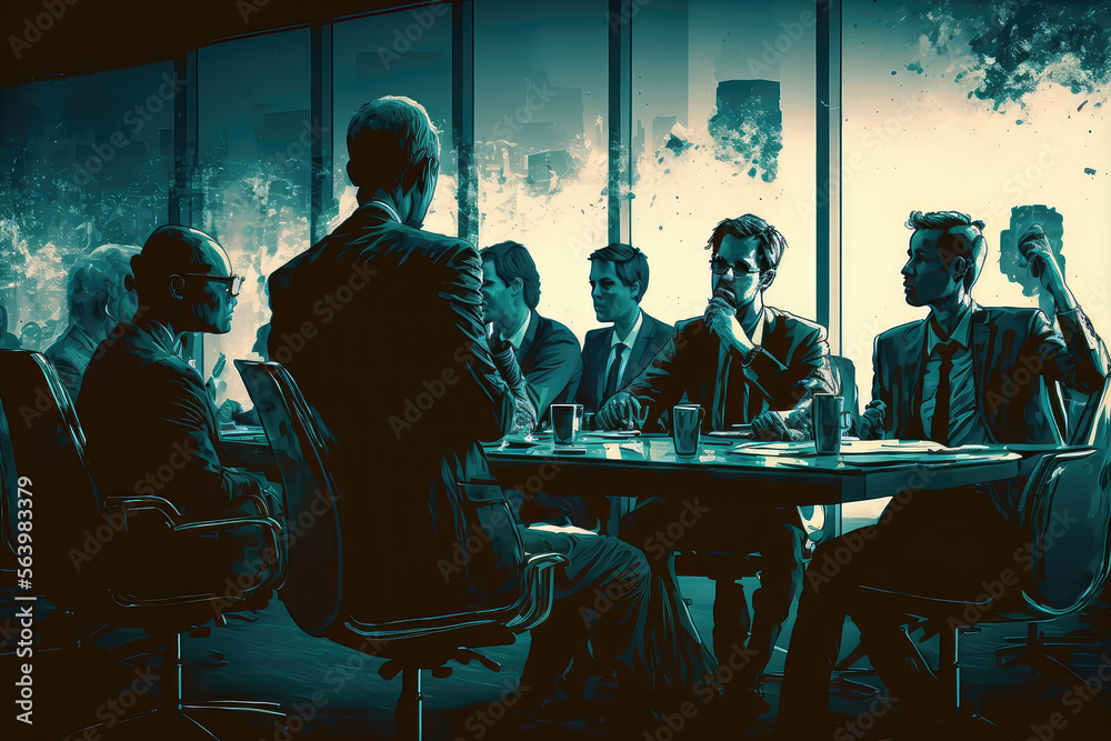 Corporate business team and manager in a meeting, illustration of brush cartoon. (ai generated) Corporate business team and manager in a meeting, illustration of brush cartoon. (ai generated)