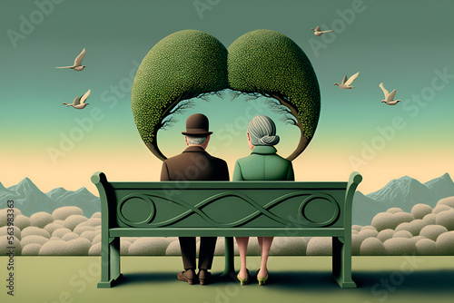 Enduring Love: A Conceptual Illustration of Valentine's Day Depicting an Elderly Couple Sitting on a Bench in a Park Surrounded by a Heart-Shaped Tree and Birds