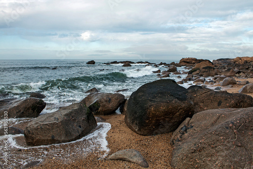 Beach of large rocks in Gaia, Atlantic coast in Portugal