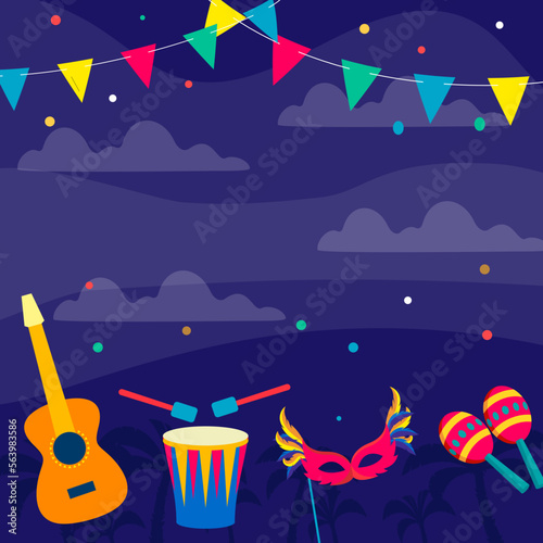 Carnival background. Vector illustration with confetti, flag garlands, masks and music instruments.