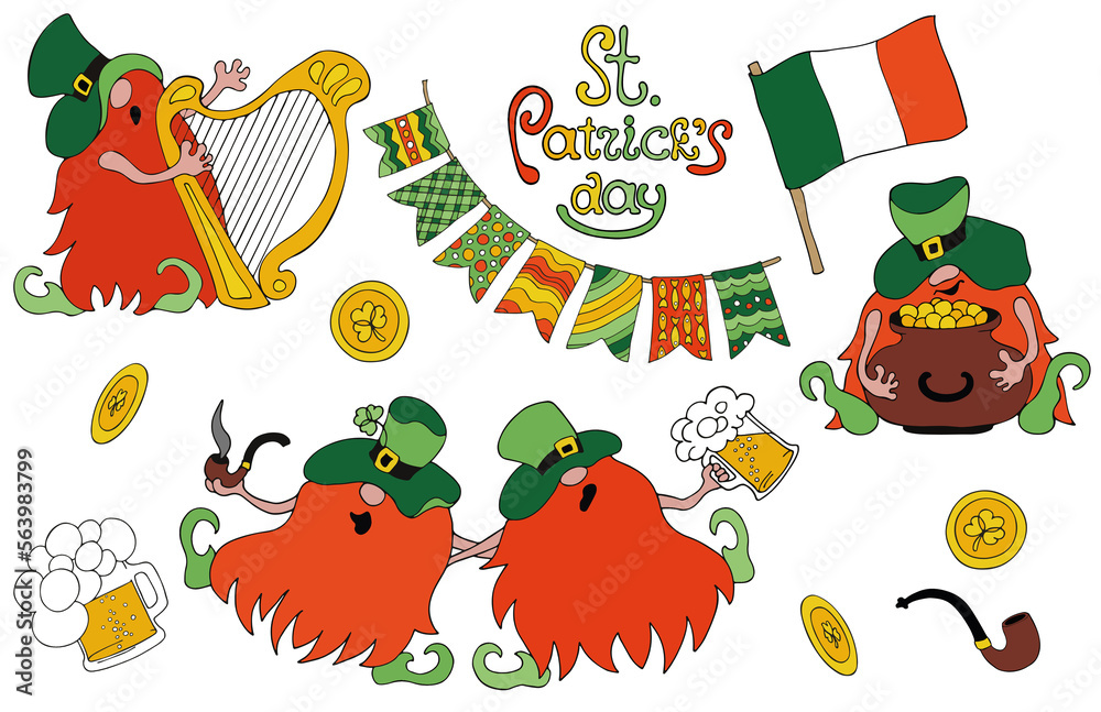 Naklejka premium Set of St. Patricks Day traditional symbols and Irish groovy Gnomes. Irish holiday concept clipart. 10 single elements isolated on transparent background. 