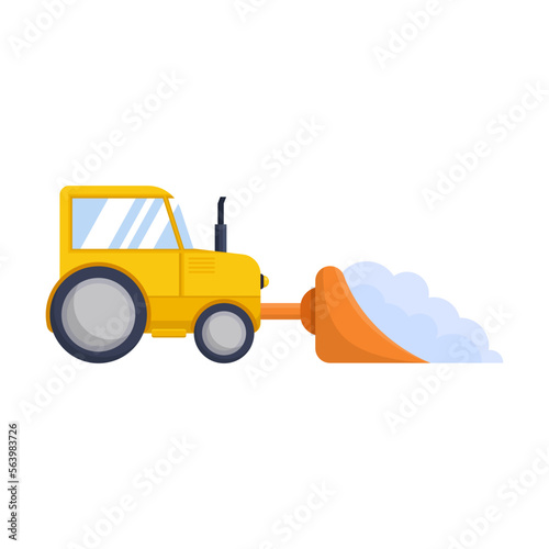 Side view of snowplow. Flat cartoon drawing of snow plow, truck or tractor on white background. Machinery or transport, winter concept