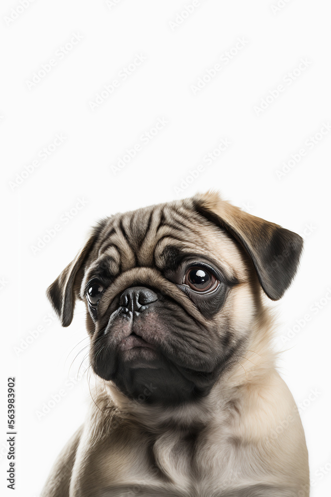 Portrait of a Pug in white background, happy puppy, pet,, pedigree, Generative AI