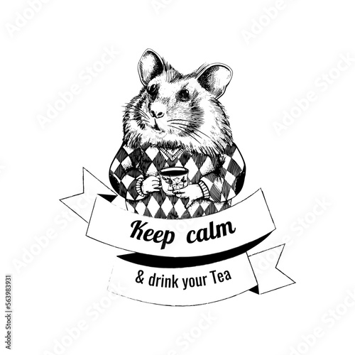 A portrait of a hamster in a sweater drinking tea. Vector illustration of animal. Motivational quotes keep calm and drink your tea