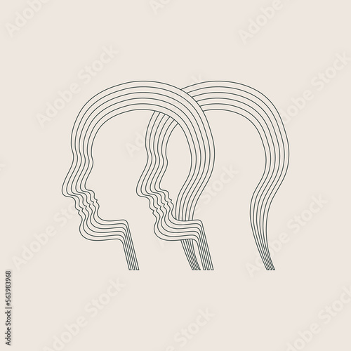 Two intertwined human heads. Concept of empathy and interpersonal relationships. Line design, editable strokes. Vector illustration.