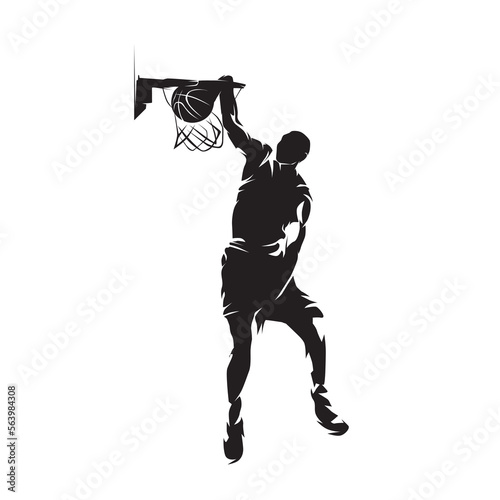 Basketball player, slam dunk, isolated vector silhouette, ink drawing
