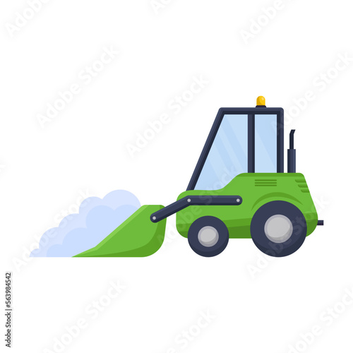 Side view of snowplow illustration. Flat cartoon drawing of snow plow, truck or tractor on white background. Machinery or transport, winter concept