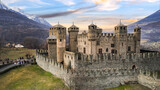 one of the most beautiful and famous medieval castles of Italy Castello di Fenis in Valle d'Aosta , aerial drone view