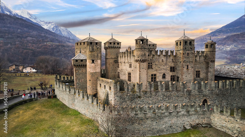 one of the most beautiful and famous medieval castles of Italy Castello di Fenis in Valle d'Aosta , aerial drone view